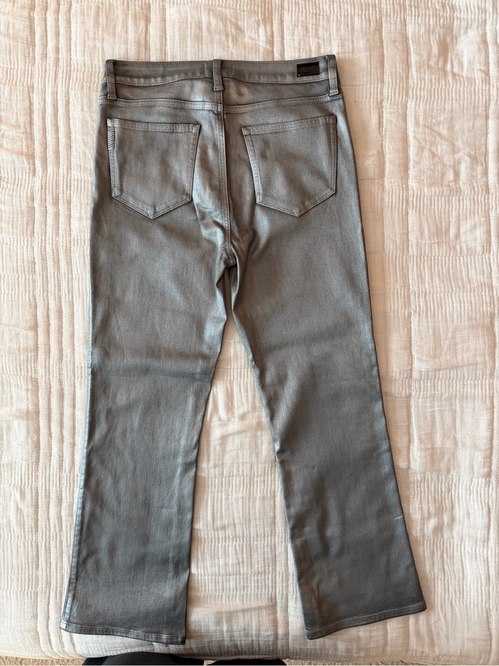 NWT PAIGE Claudine Silver Shimmer Metallic Coated High Rise Flare Jeans - Picture 12 of 17